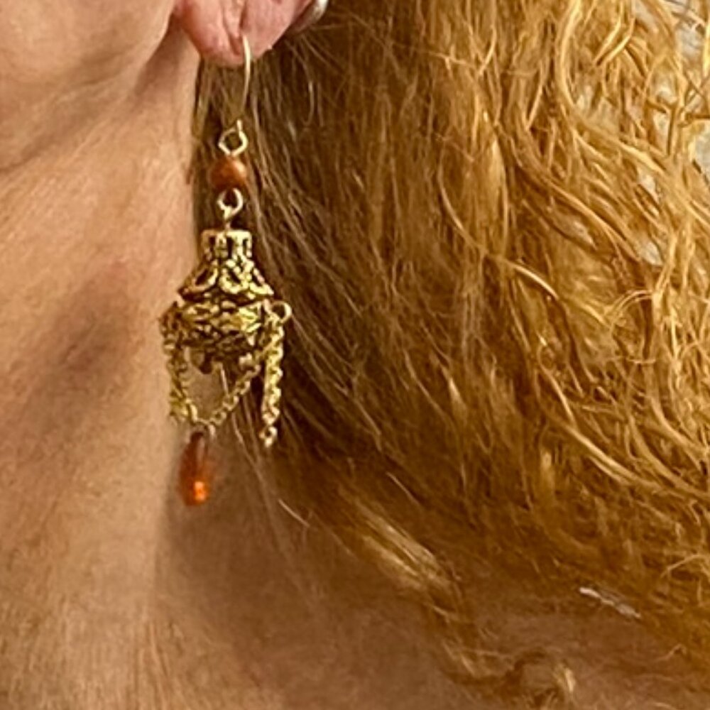 Antique Gold Hanging Lantern Earrings with Amber Colored Stones Jewelry